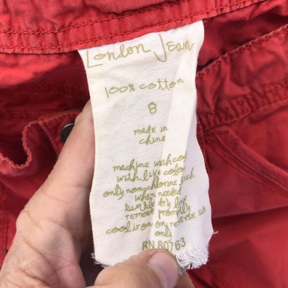 London Jean Womens Cargo Capri Pants 8 Red 100% Cotton Utility Casual Drawstring - Picture 8 of 11